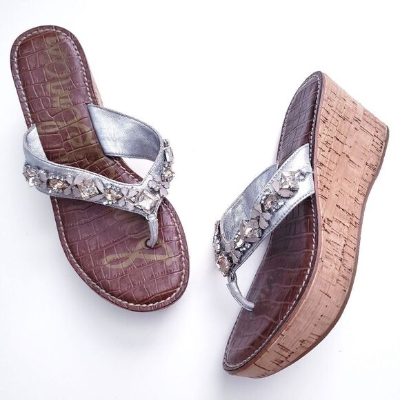 Sam Edelman Silver Rhinestone Cork Wedge Sandal - Picture 1 of 7